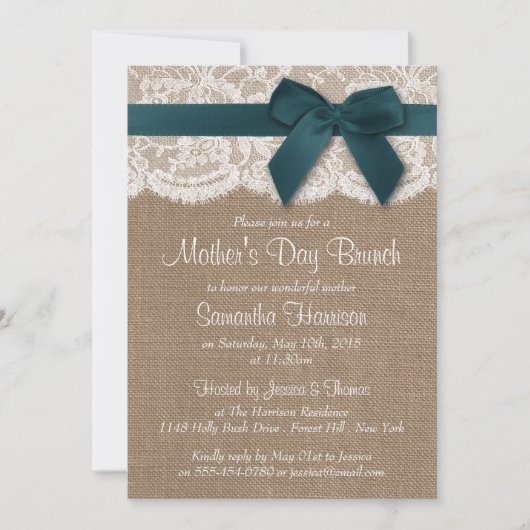 Burlap, Lace en Blauwgroen Bow Moederdag Brunch Kaart (Voorkant)