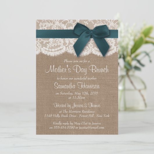 Burlap, Lace en Blauwgroen Bow Moederdag Brunch Kaart (Staand voorkant)