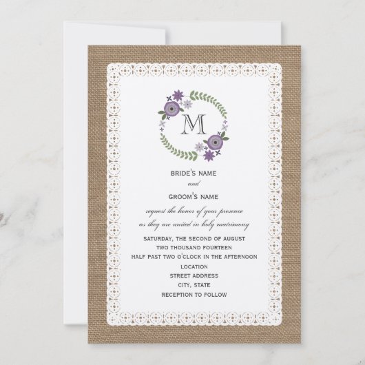 Burlap & Lace Geïnspireerd Paarse Krans Monogram Kaart (Voorkant)