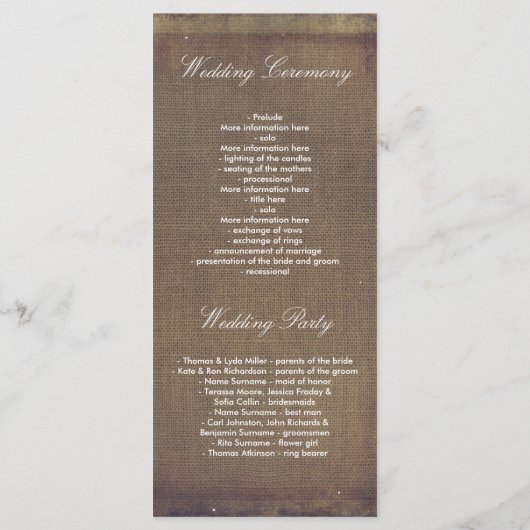 Burlap Lace Gold Confetti Rustic Wedding Programme (Dos)