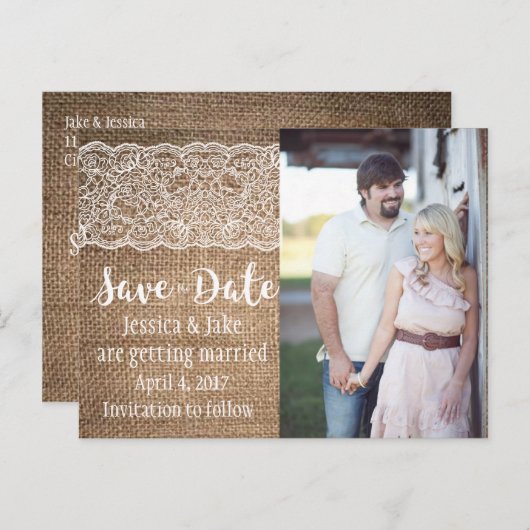 Burlap & Lace, Mariage Enregistrer la date Carte p (Devant / Derrière)