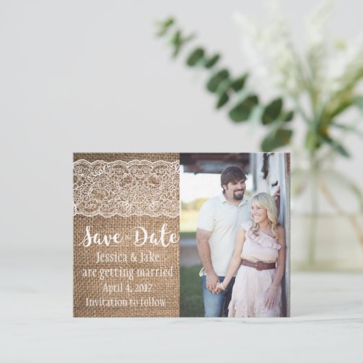 Burlap & Lace, Mariage Enregistrer la date Carte p (Debout devant)