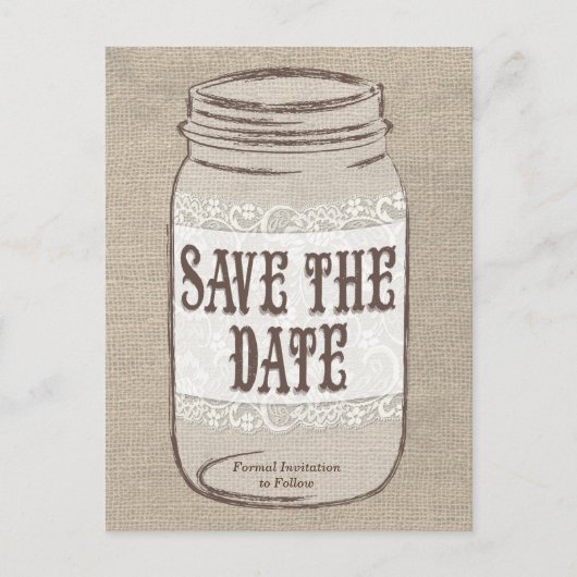 Burlap Lace Mason Jar Bewaar de datum Aankondigingskaart (Voorkant)