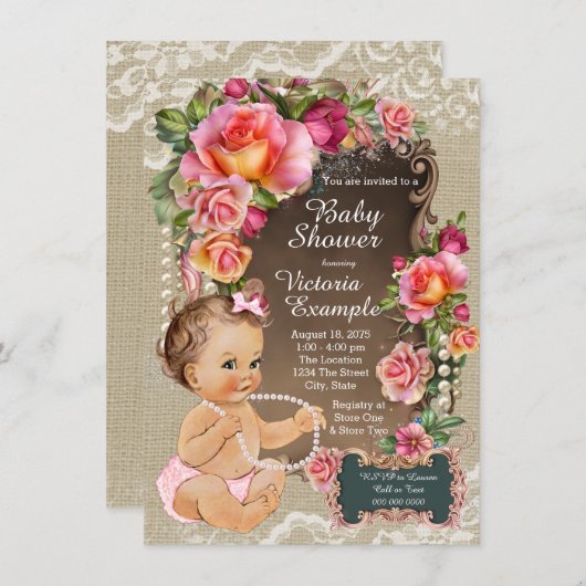 Burlap Lace Pearl Rustiek Chic Baby shower Kaart (Voorkant / Achterkant)