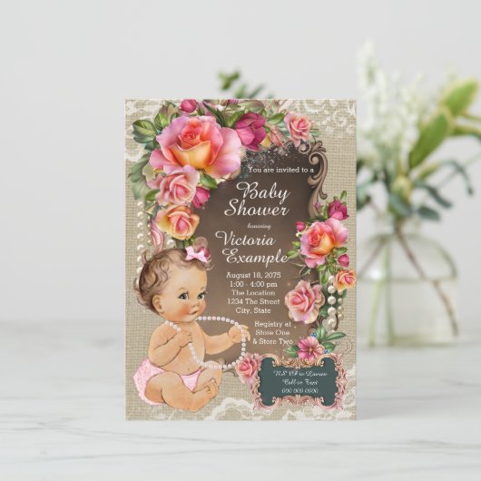 Burlap Lace Pearl Rustiek Chic Baby shower Kaart (Staand voorkant)