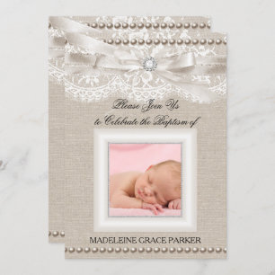 Burlap Lace Photo Baptism/Christening Invitation Kaart