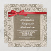 Burlap Lace & Red Ribbon vrijgezellenfeest uitnodi Kaart (Voorkant / Achterkant)