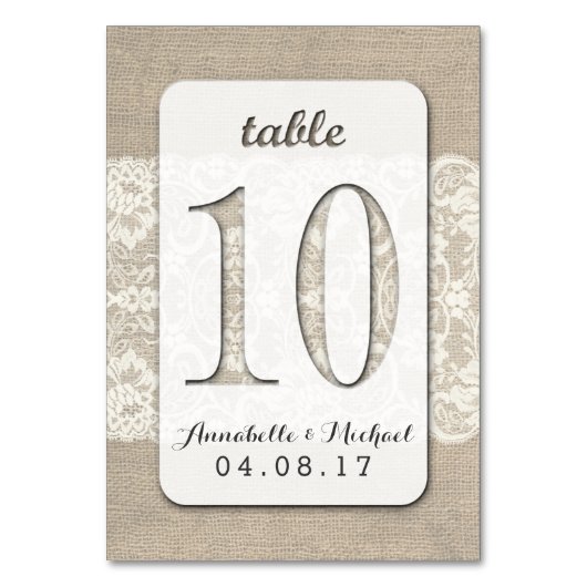 Burlap Lace Rustic Mariage Numéro de table Carte 1 (Dos)