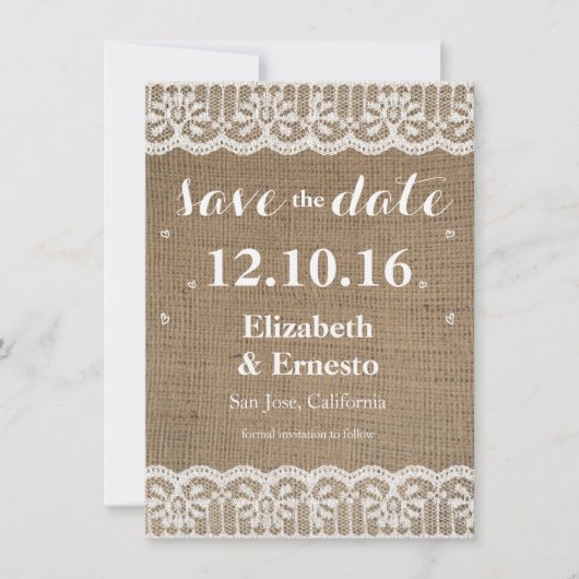Burlap Lace Rustieke bruiloft Save the Dates 4.5x6 Save The Date (Voorkant)