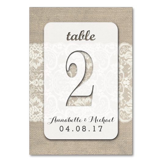 Burlap Lace Rustieke Trouwtafel Nummer Kaart 2 (Voorkant)