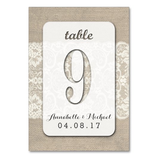 Burlap Lace Rustique Mariage Numéro de table Carte (Par défaut)
