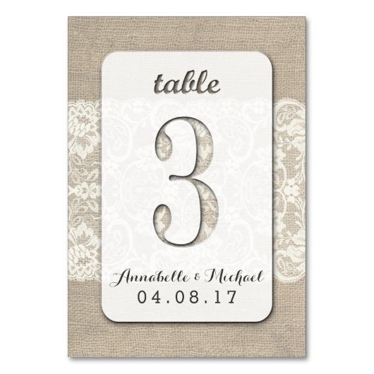 Burlap Lace Rustique Mariage Numéro de table Carte (Dos)