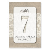 Burlap Lace Rustique Mariage Numéro de table Carte (Dos)