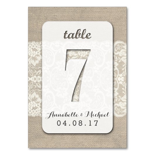 Burlap Lace Rustique Mariage Numéro de table Carte (Par défaut)