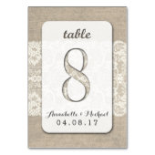 Burlap Lace Rustique Mariage Numéro de table Carte (Dos)