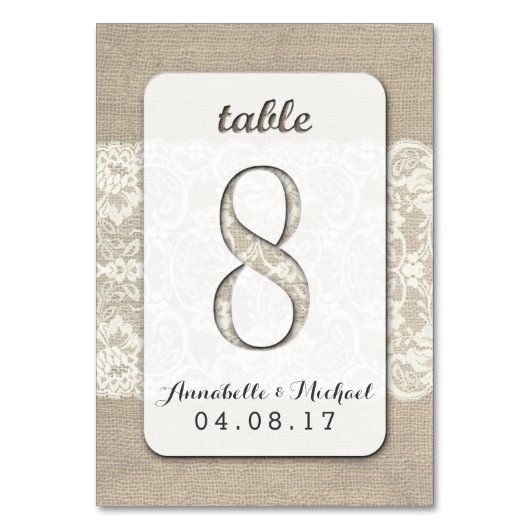 Burlap Lace Rustique Mariage Numéro de table Carte (Par défaut)