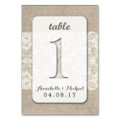 Burlap Lace Rustique Mariage Numéro de table Carte (Dos)