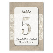 Burlap Lace Rustique Mariage Numéro de table Carte (Dos)