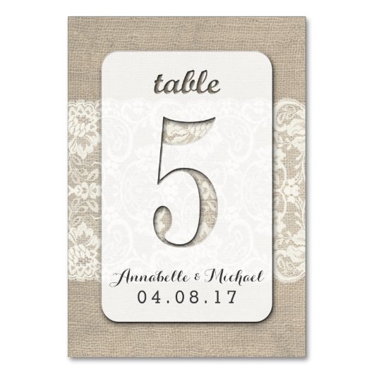 Burlap Lace Rustique Mariage Numéro de table Carte (Par défaut)
