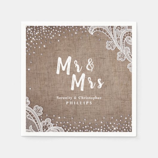 Burlap Lace Silglitter Mr & Mrs Rustic bruiloft Servet (Voorkant)