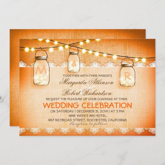 Burlap Lace String Lights en Mason Jars bruiloft Kaart (Voorkant / Achterkant)
