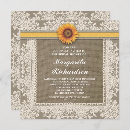 Burlap Lace & Sunflower Bruids Douche Uitnodiginge Kaart (Voorkant / Achterkant)