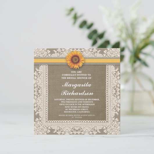 Burlap Lace & Sunflower Bruids Douche Uitnodiginge Kaart (Staand voorkant)
