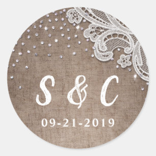 Burlap Lace zilveren glitter rustiek bruiloft mono Ronde Sticker