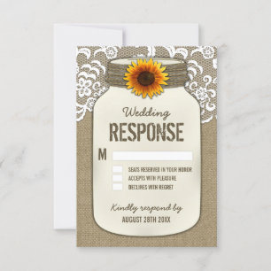 Burlap Lace Zonnebloem Mason Jar Bruiloft RSVP Kaa Kaartje