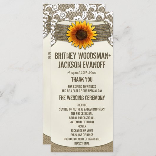 Burlap Lace Zonnebloem Mason Jar Trouwprogramma's Programma (Voorkant / Achterkant)