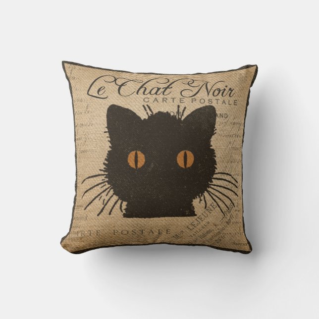 Burlap Le Chat Noir frans zwarte kat Kussen (Voorkant)