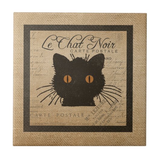 Burlap Le Chat Noir frans zwarte kat Tegeltje (Voorkant)