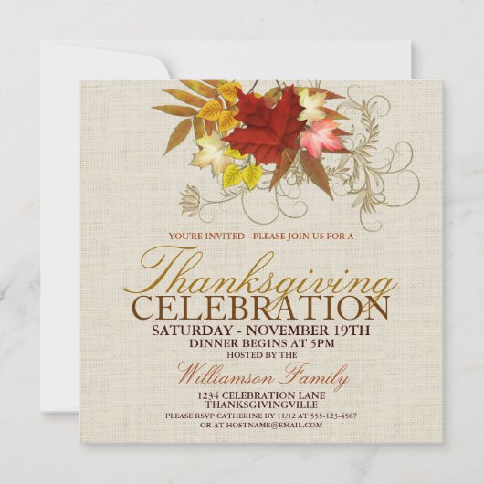 Burlap & Leaves Thanksgiving Dinner Invitation Kaart (Voorkant)