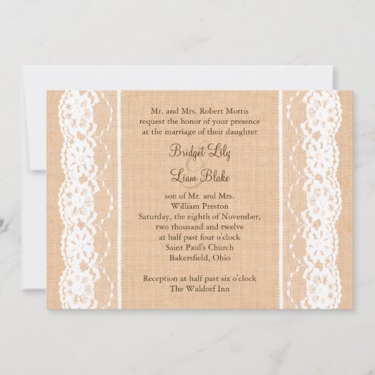Burlap léger et Faire-part de mariage de dentelle (Devant)