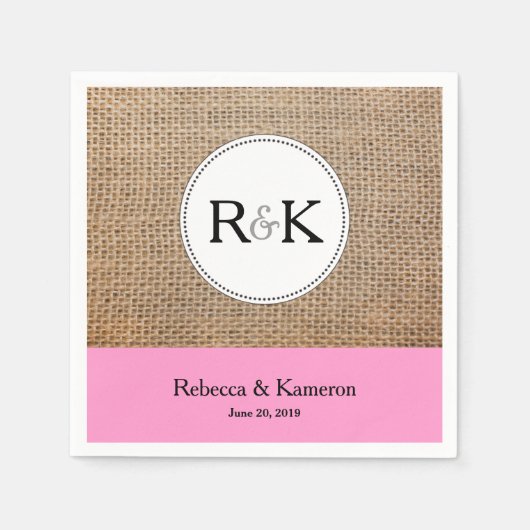 Burlap & Lichtroze Monogrammed Bruiloft Servetten (Voorkant)
