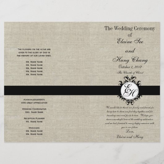 Burlap Linen Black Wedding Program Chic Monogram (Voorkant)