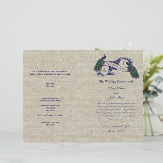 Burlap Linen Peacocks Programme de mariage rustiqu (Debout devant)