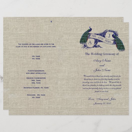 Burlap Linen Peacocks Programme de mariage rustiqu (Devant / Derrière)