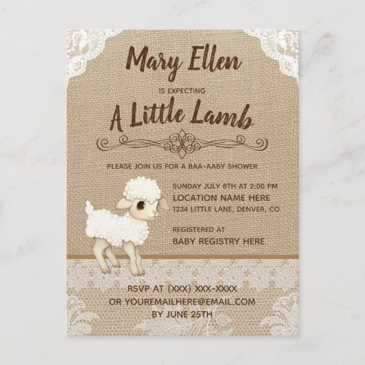 Burlap Little Lamb Baby shower Invitation Carte po (Devant)