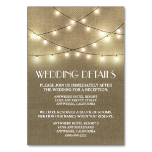 Burlap Mariage Réception Cartes d'hébergement