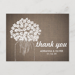 Burlap Mason Jar Bloemen bruiloft Dank u Briefkaart