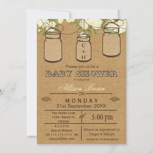 Burlap, Mason Jars, Rustic baby shower Invites Kaart (Voorkant)