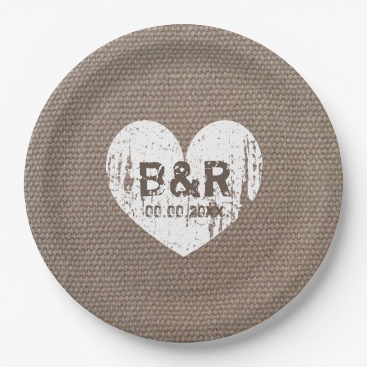Burlap monogram bbq bruiloft papier borden papieren bordje (Voorkant)