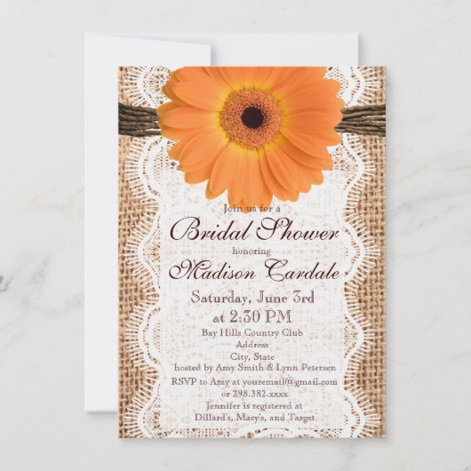 Burlap Oranje Daisy Bridal Shower Invitations Kaart (Voorkant)