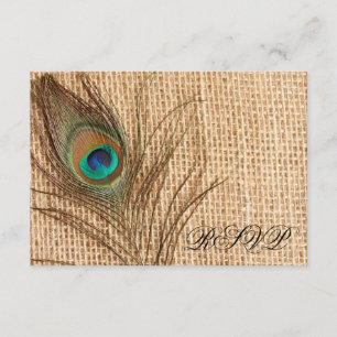 Burlap Peacock Feather Wedding RSVP Kaartje
