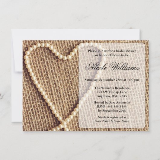 Burlap Pearl Heart Bridal Shower Invitations Kaart (Voorkant)