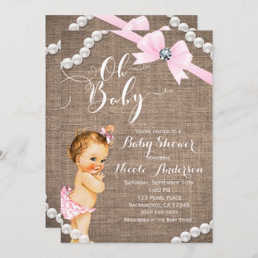 Burlap & Pearls Pink Bow Girls Baby shower Kaart (Voorkant / Achterkant)