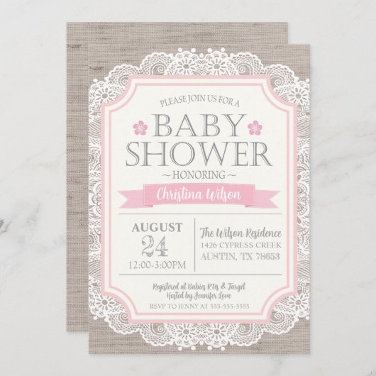 Burlap Pink & Lace Baby shower Invitation Kaart (Voorkant / Achterkant)