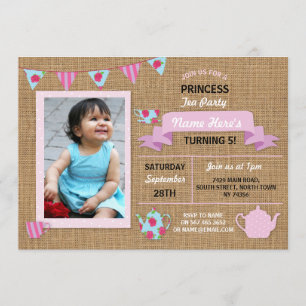 Burlap Princess Tea Party Pink Birthday Invite Kaart