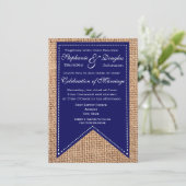Burlap Print Blue Rustic Wedding Invitations Kaart (Staand voorkant)